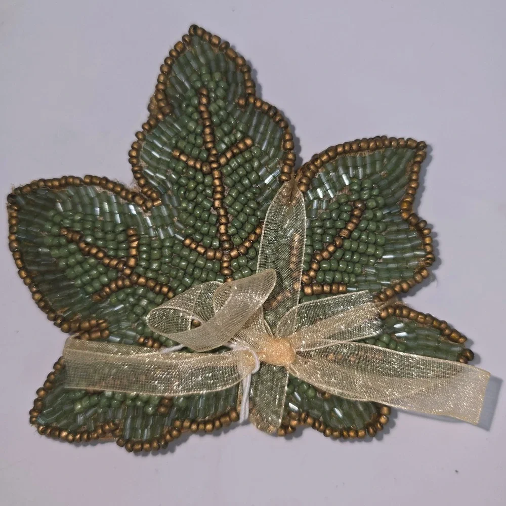 Sage & Oak Beaded Leaf Coasters Set of 4 Green Gold Autumn Fall Harvest Decor